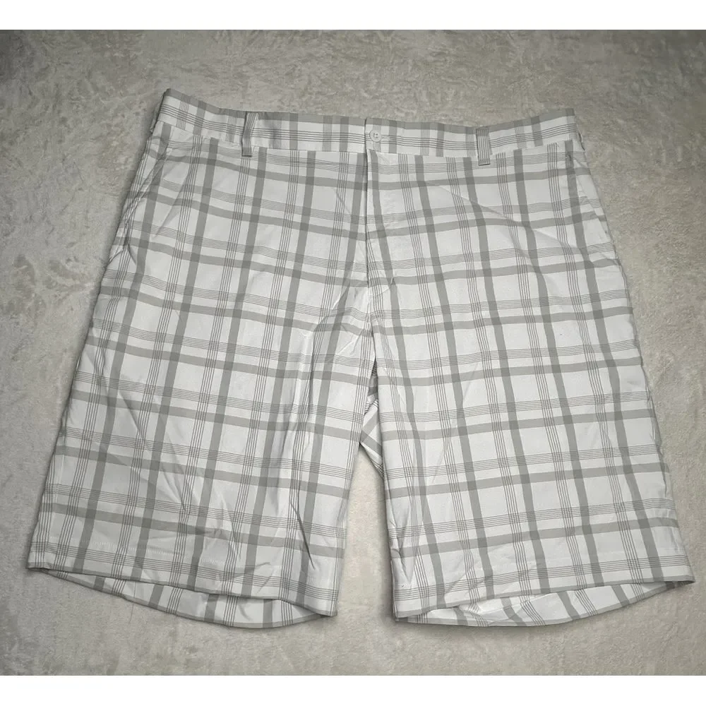 Nike Golf Dri Fit Mens Size 40 Grey White Plaid Shorts Chino Flat Front Stretch‎